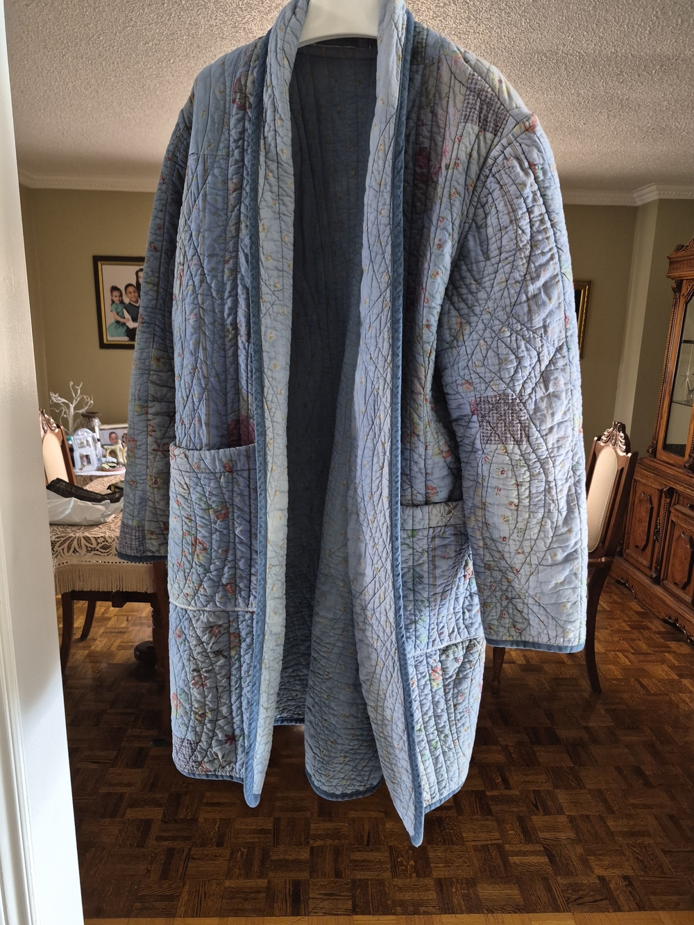 Quilted Shawl-Collar Coatigan in Light Blue Handmade
